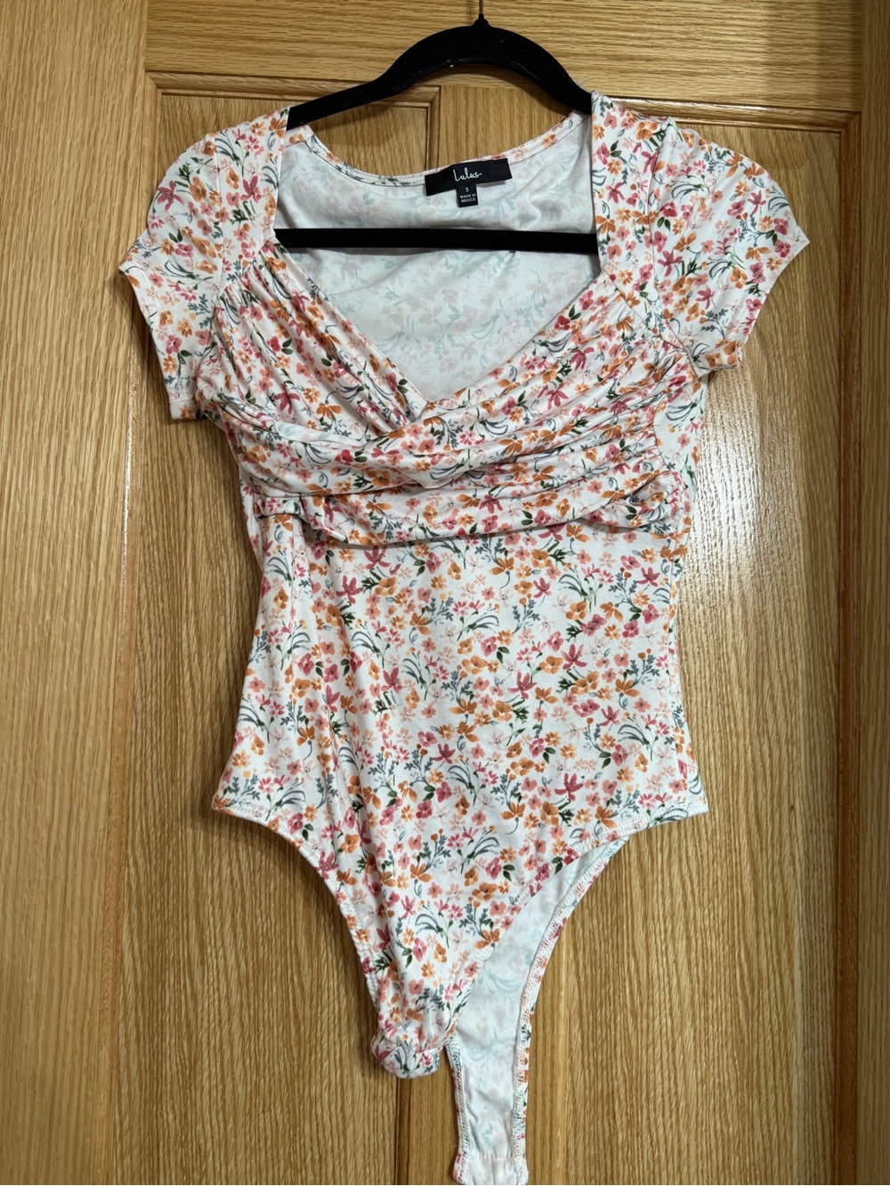 Lulu's White Floral Wrap-Front Bodysuit with Pink & Orange Flowers